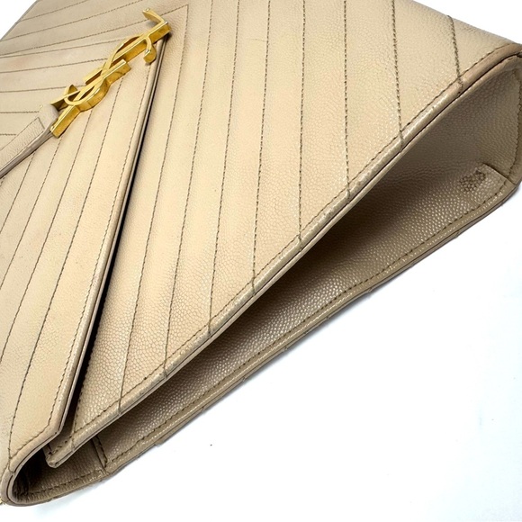 Saint Laurent Beige Large Grain de Poudre Chevron - Envelope Satchel YSL Bag - Picture 11 of 11